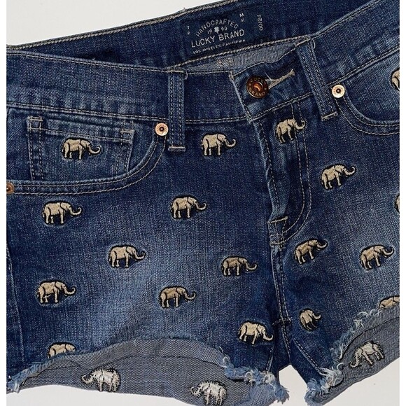 Lucky Brand Embroidered Jean Shorts Malibu Size 24 Elephant Dark Blue Denim - Picture 2 of 5